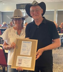 Ros presenting one of Reg’s harmonicas to Bill Rowland for his ongoing support of “ Team Reg” Bill was band leader for Horse Capitol Country Band who backed the artists at the Tamworth Jockey Club venue for this year’s Remembering Reg Lindsay Show.
